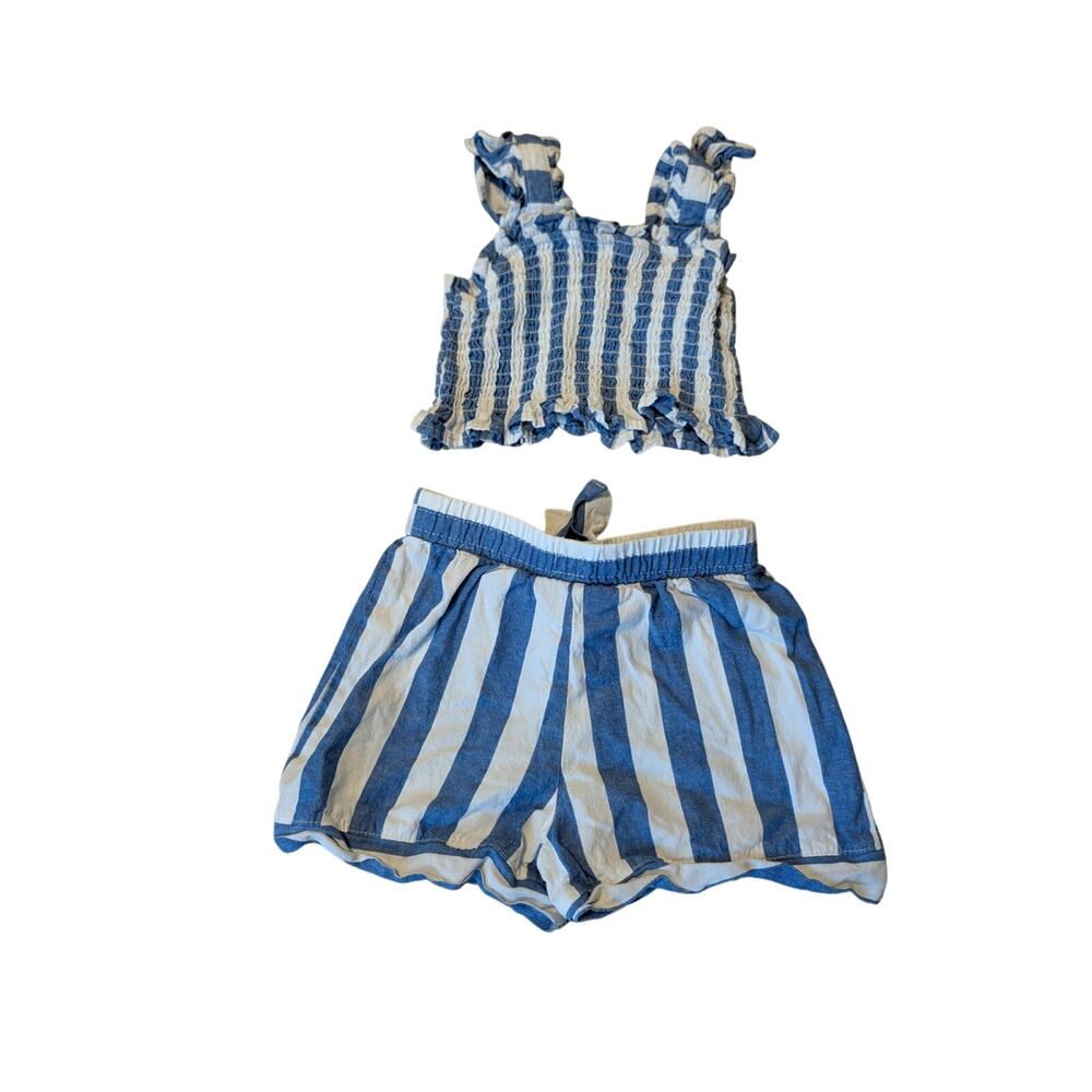 Rare Editions Baby Girls Blue White Striped Smocked 2 Piece Outfit 18 M Overalls